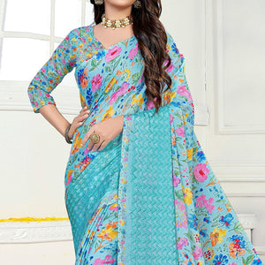 Blue Casual Wear Floral Digital Printed Chiffon Saree - Peachmode