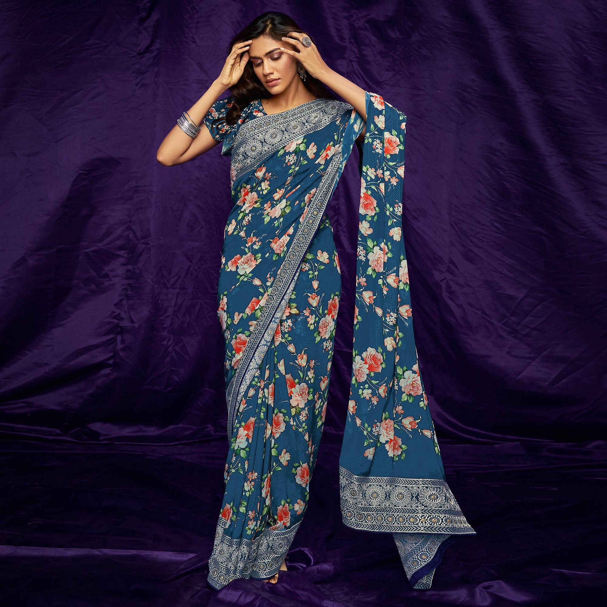 Blue Casual Wear Floral Digital Printed Pure Georgette Saree - Peachmode