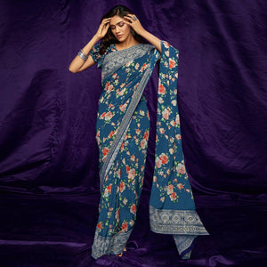 Blue Casual Wear Floral Digital Printed Pure Georgette Saree - Peachmode