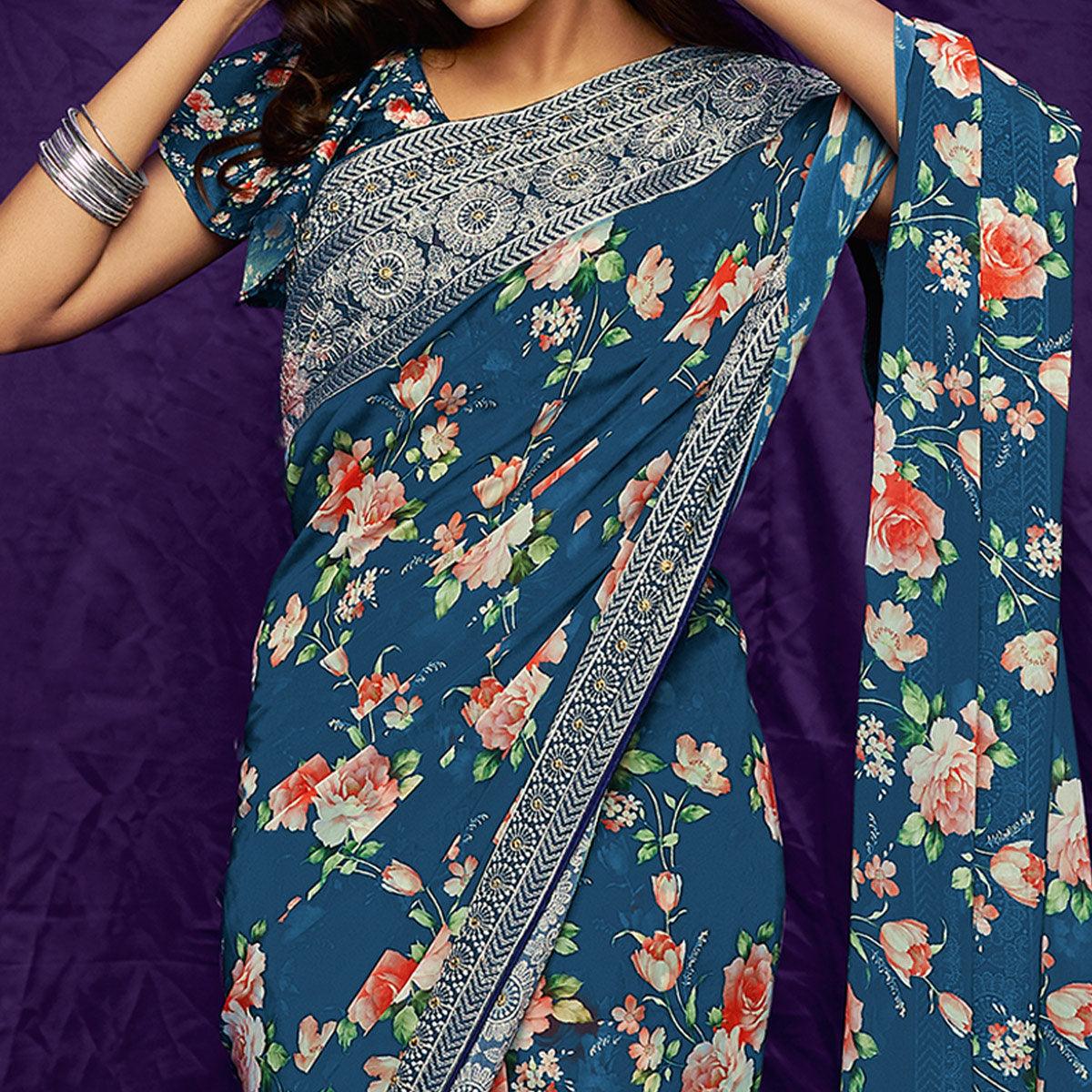 Blue Casual Wear Floral Digital Printed Pure Georgette Saree - Peachmode