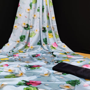 Blue Casual Wear Floral Digital Printed Satin Saree - Peachmode