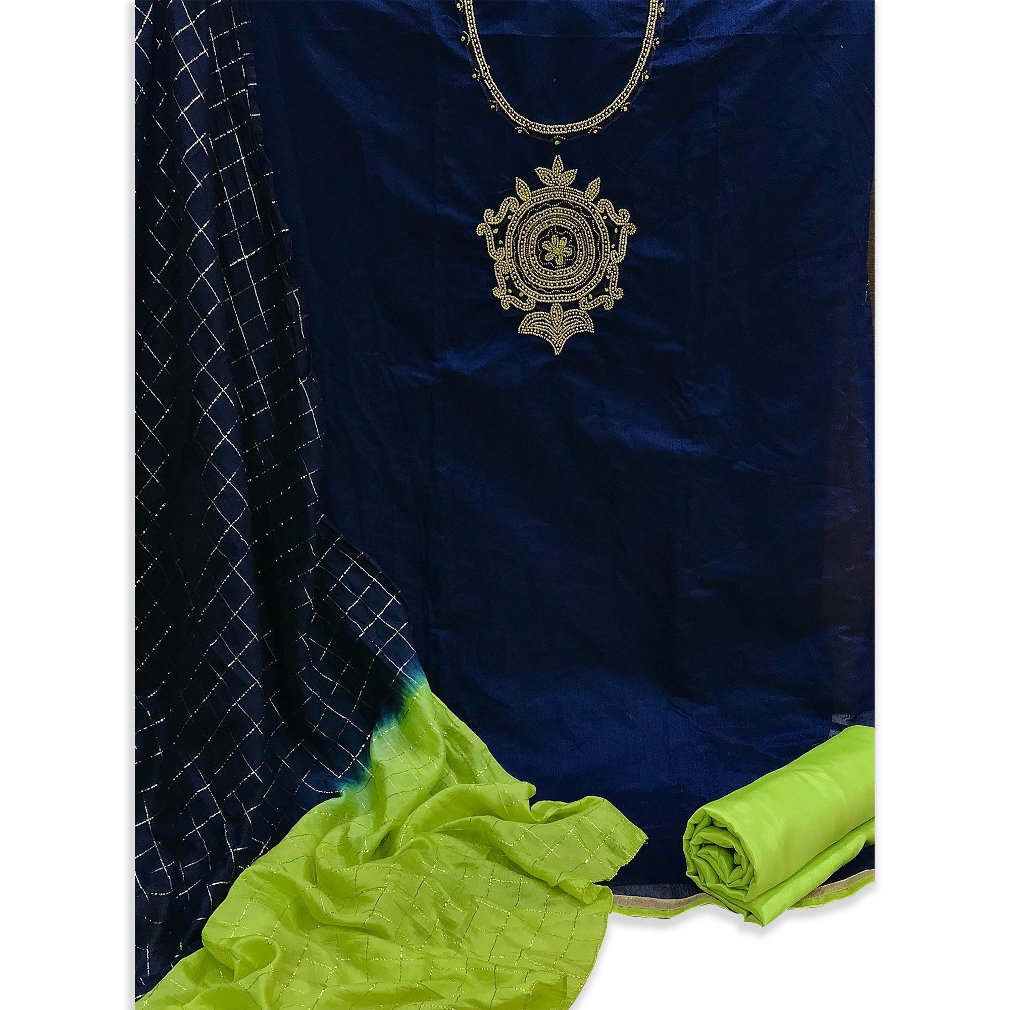 Blue Casual Wear Floral embellished Handwork Chanderi Dress Material - Peachmode