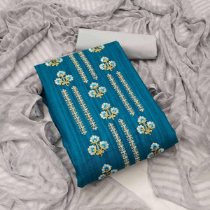 Blue Casual Wear Floral Embroidered Cotton Silk Dress Material - Peachmode