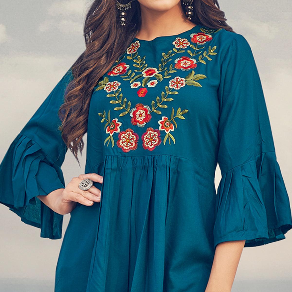 Blue Casual Wear Floral Embroidered Rayon Top - Peachmode