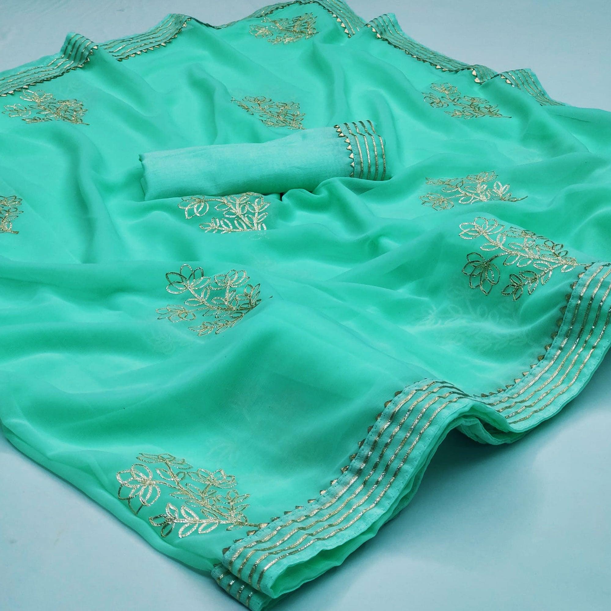 Blue Casual Wear Floral Gotta Work Chiffon Saree - Peachmode