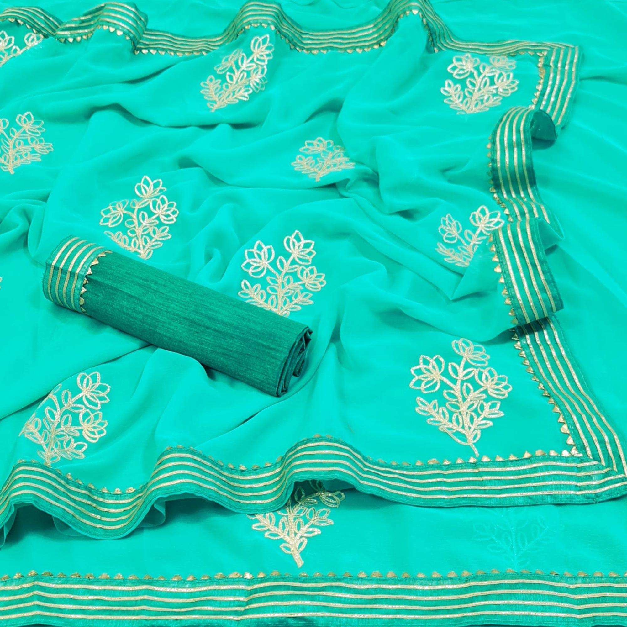 Blue Casual Wear Floral Gotta Work Chiffon Saree - Peachmode