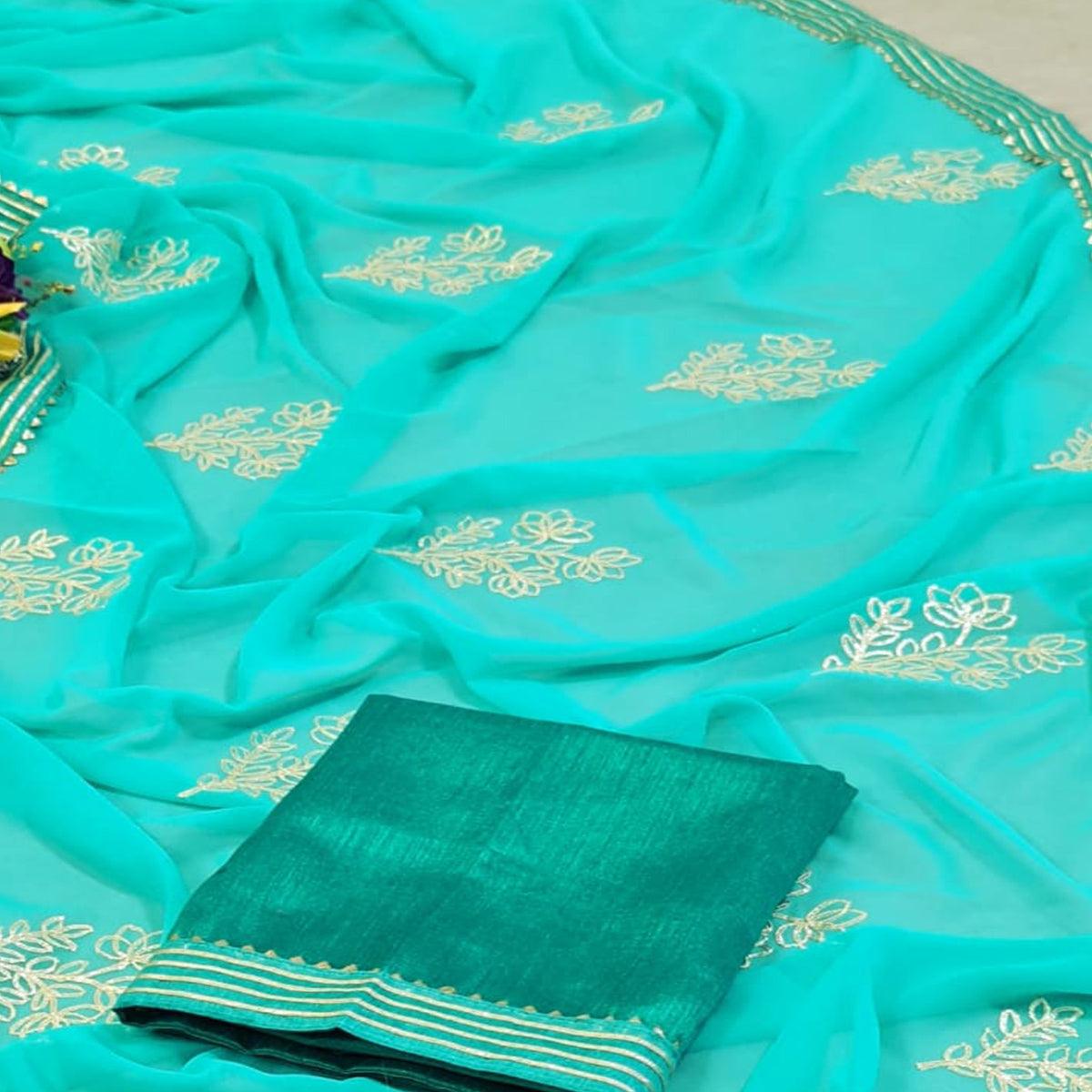 Blue Casual Wear Floral Gotta Work Chiffon Saree - Peachmode