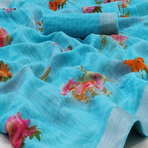 Blue Casual Wear Floral Mill Printed Cotton Saree With Zari Border - Peachmode