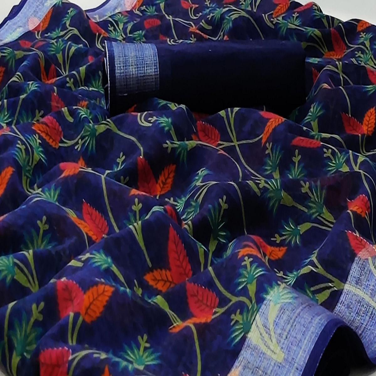 Blue Casual Wear Floral Mill Printed Cotton Saree With Zari Border - Peachmode