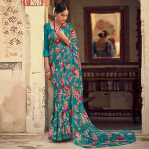 Blue Casual Wear Floral Printed Alfino Saree With Fancy Diamond Lace - Peachmode