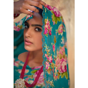 Blue Casual Wear Floral Printed Alfino Saree With Fancy Diamond Lace - Peachmode