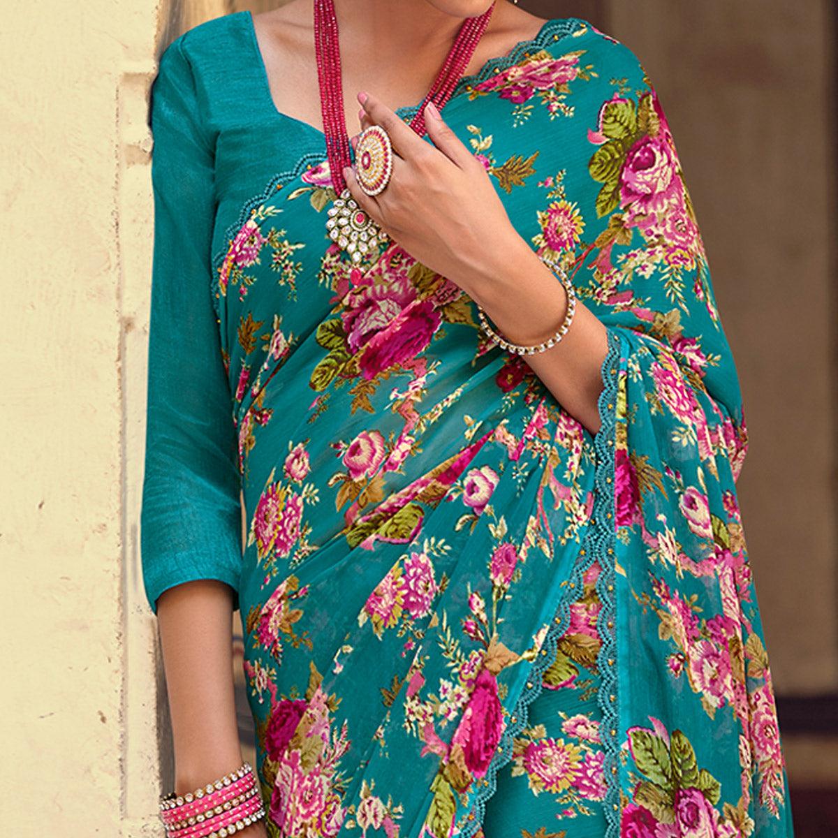 Blue Casual Wear Floral Printed Alfino Saree With Fancy Diamond Lace - Peachmode
