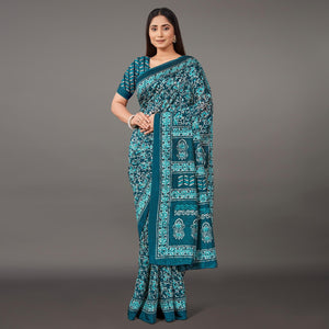 Blue Casual Wear Floral Printed Art Silk Saree - Peachmode