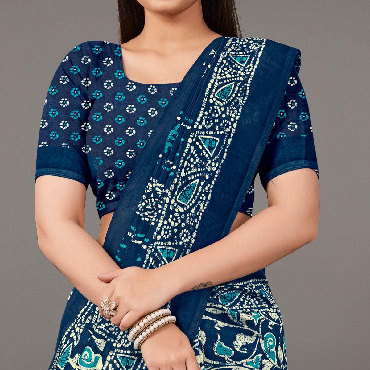 Blue Casual Wear Floral Printed Art Silk Saree - Peachmode