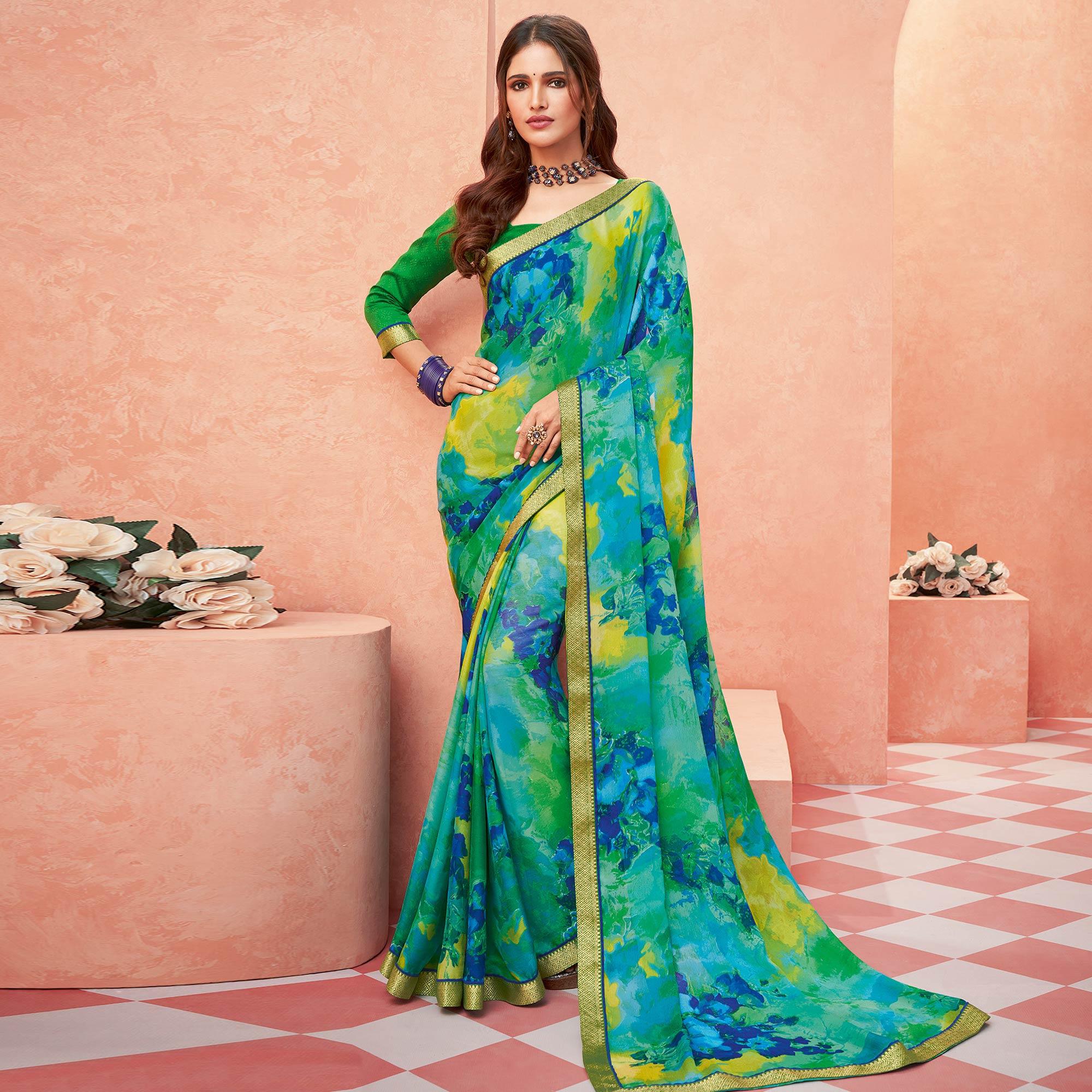 Blue Casual Wear Floral Printed Chiffon-Banarsi Saree With Banarasi Border - Peachmode