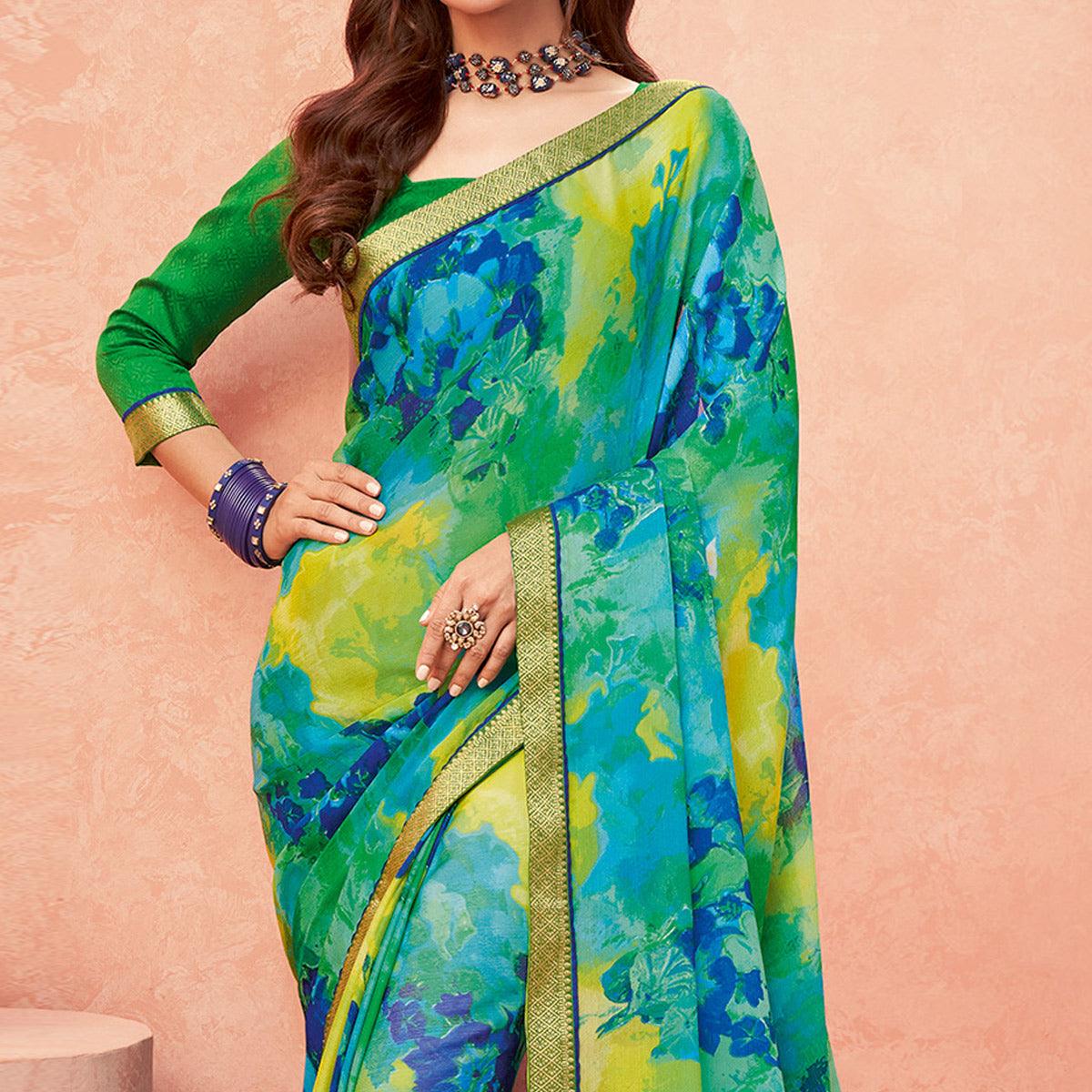 Blue Casual Wear Floral Printed Chiffon-Banarsi Saree With Banarasi Border - Peachmode