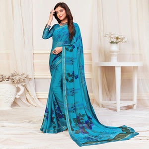 Blue Casual Wear Floral Printed Chiffon Saree - Peachmode