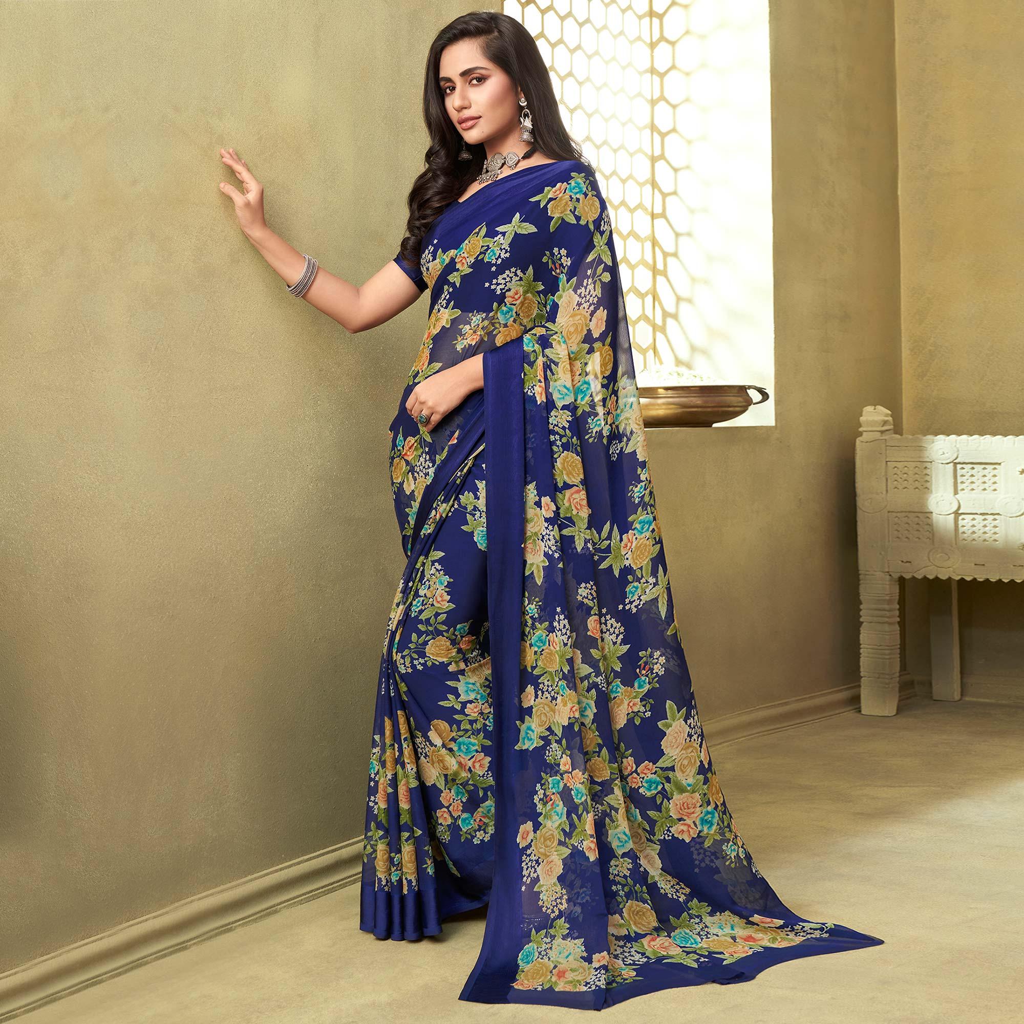 Blue Casual Wear Floral Printed Chiffon Saree - Peachmode
