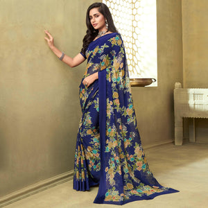 Blue Casual Wear Floral Printed Chiffon Saree - Peachmode