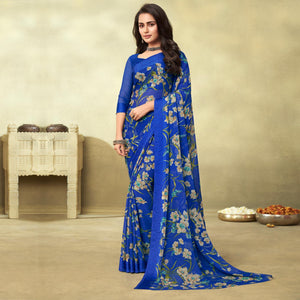 Blue Casual Wear Floral Printed Chiffon Saree - Peachmode