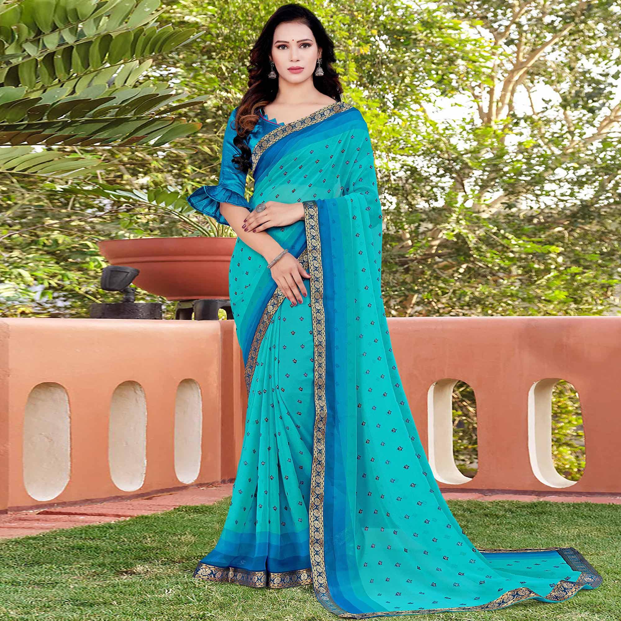 Blue Casual Wear Floral Printed Chiffon Saree - Peachmode