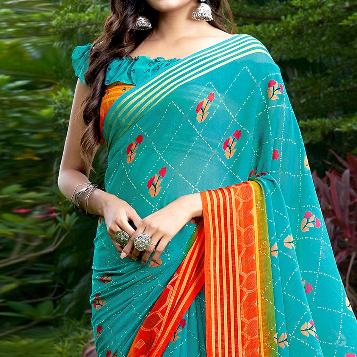 Blue Casual Wear Floral Printed Chiffon Saree - Peachmode