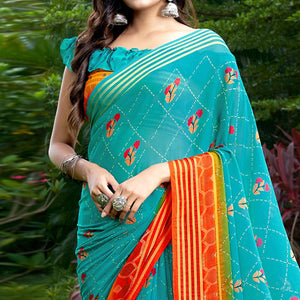 Blue Casual Wear Floral Printed Chiffon Saree - Peachmode