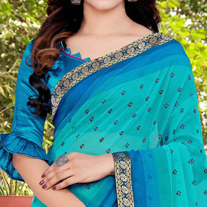 Blue Casual Wear Floral Printed Chiffon Saree - Peachmode