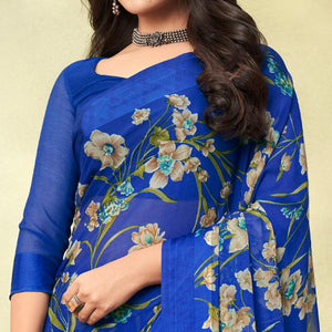 Blue Casual Wear Floral Printed Chiffon Saree - Peachmode