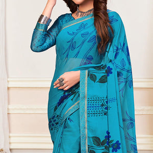 Blue Casual Wear Floral Printed Chiffon Saree - Peachmode