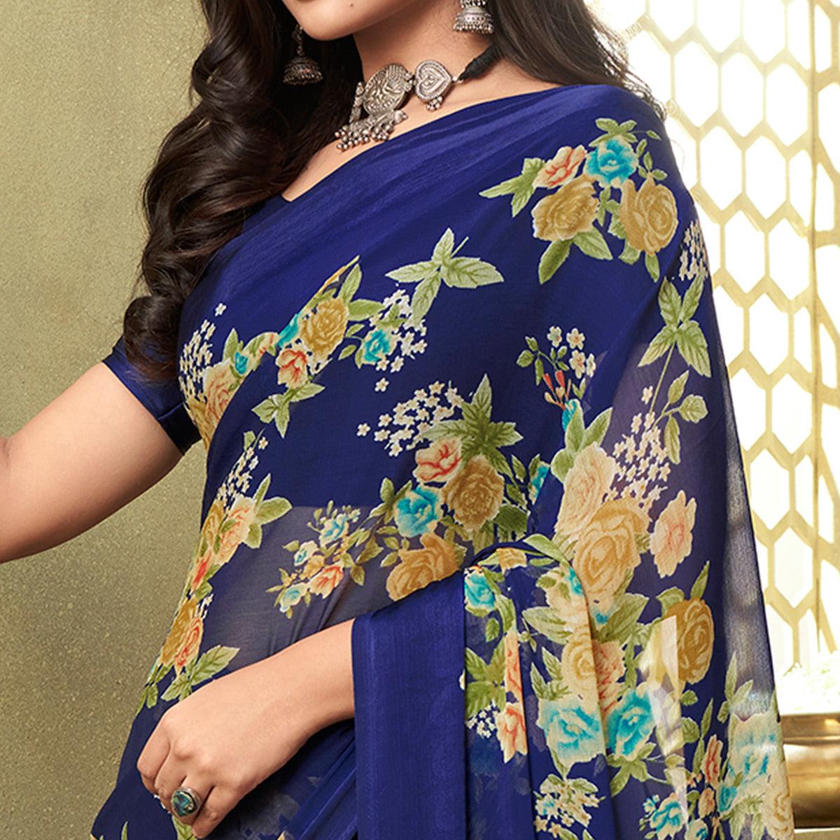 Blue Casual Wear Floral Printed Chiffon Saree - Peachmode
