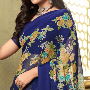 Blue Casual Wear Floral Printed Chiffon Saree - Peachmode