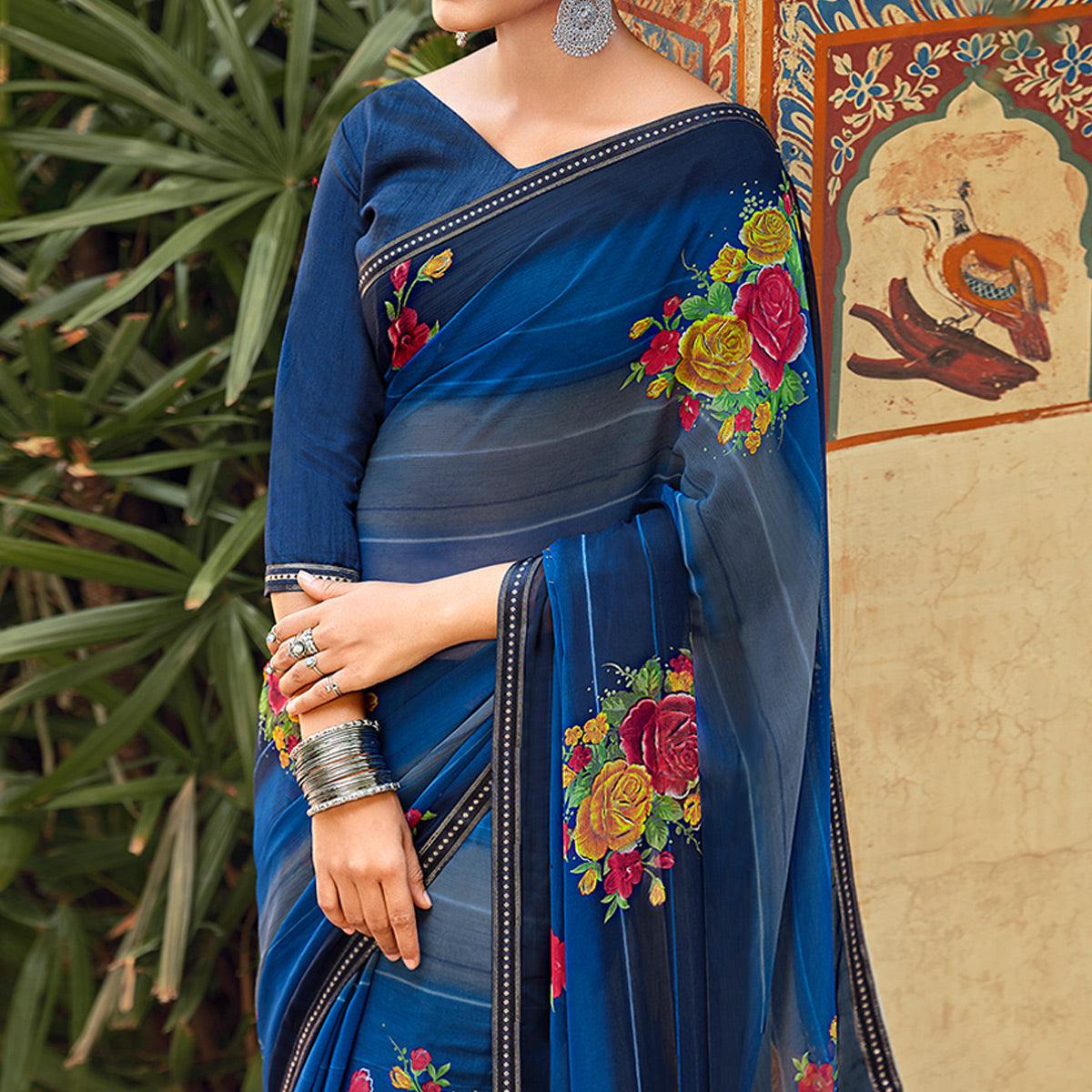 Blue Casual Wear Floral Printed Chiffon Saree With Fancy Blouse - Peachmode