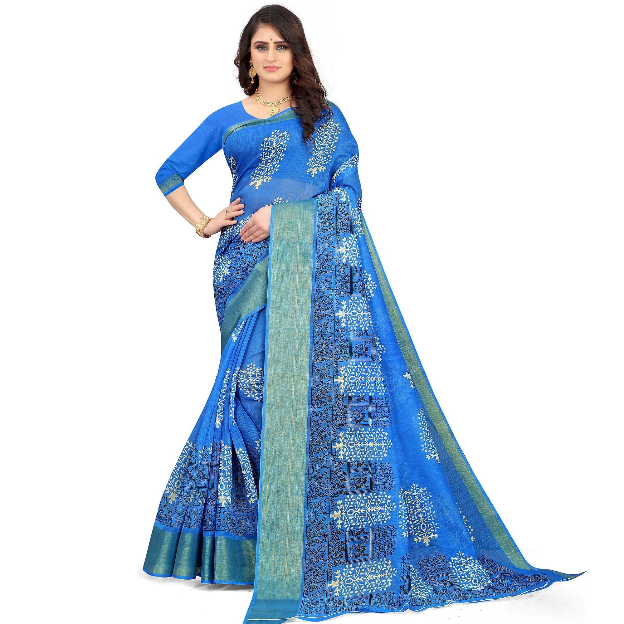 Blue Casual Wear Floral Printed Cotton Linen Saree - Peachmode