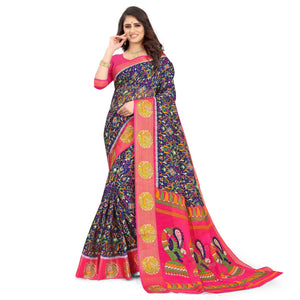 Blue Casual Wear Floral Printed Cotton Linen Saree - Peachmode