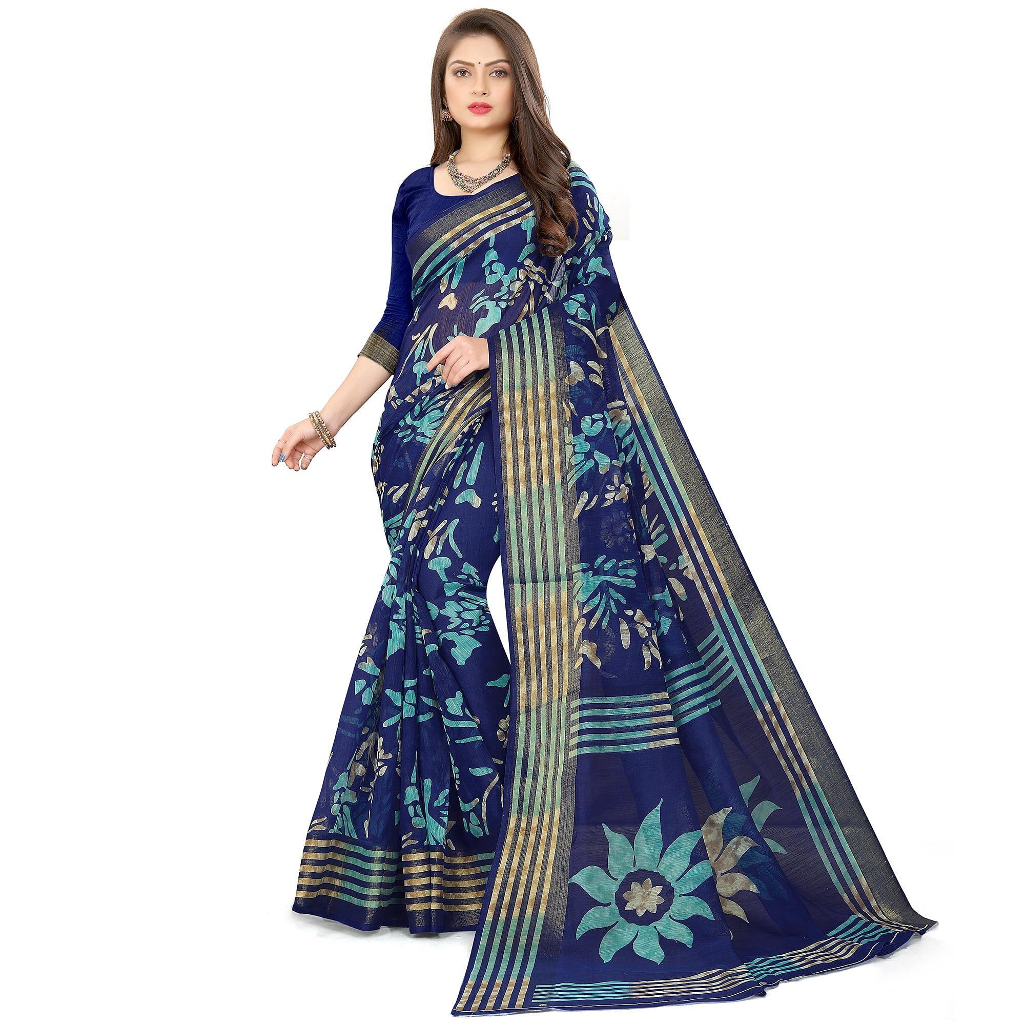Blue Casual Wear Floral Printed Cotton Linen Saree - Peachmode
