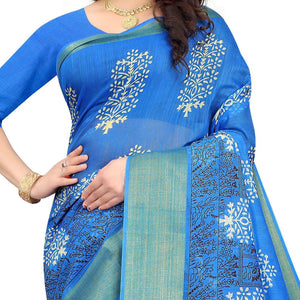 Blue Casual Wear Floral Printed Cotton Linen Saree - Peachmode