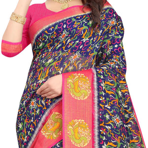 Blue Casual Wear Floral Printed Cotton Linen Saree - Peachmode