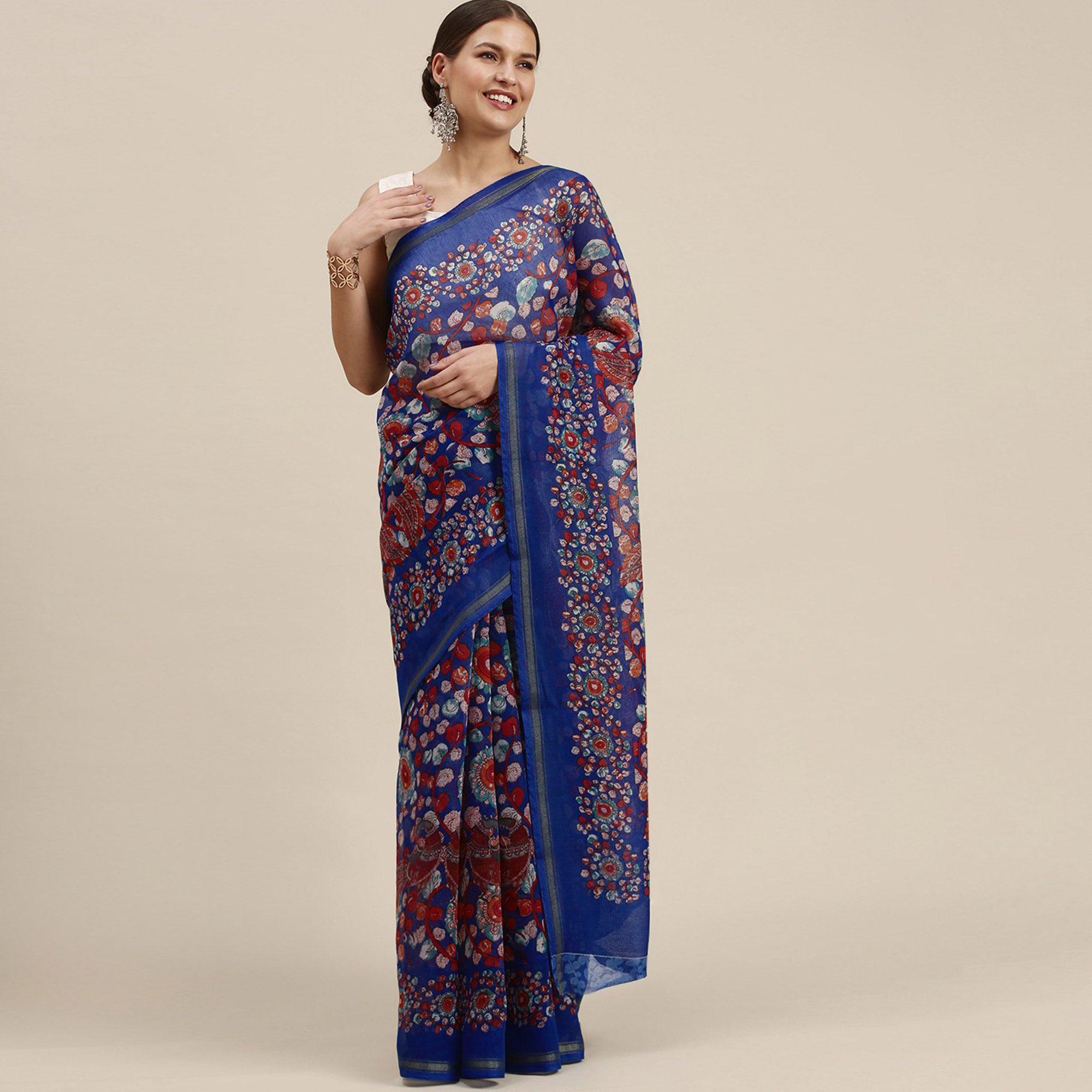 Blue Casual Wear Floral Printed Cotton Saree - Peachmode