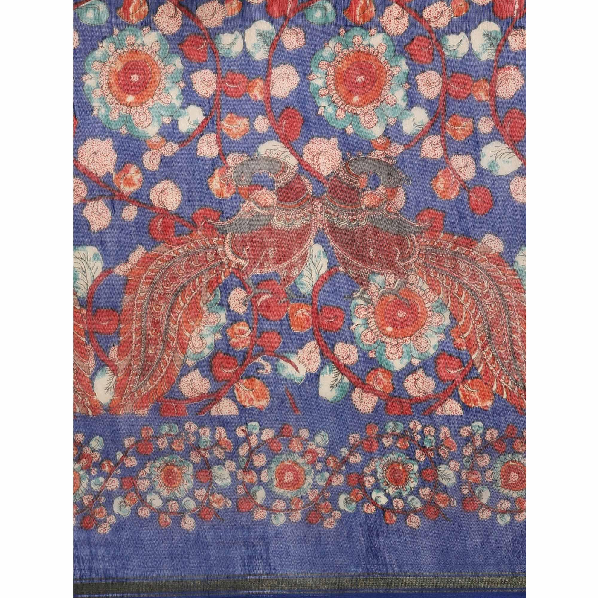 Blue Casual Wear Floral Printed Cotton Saree - Peachmode