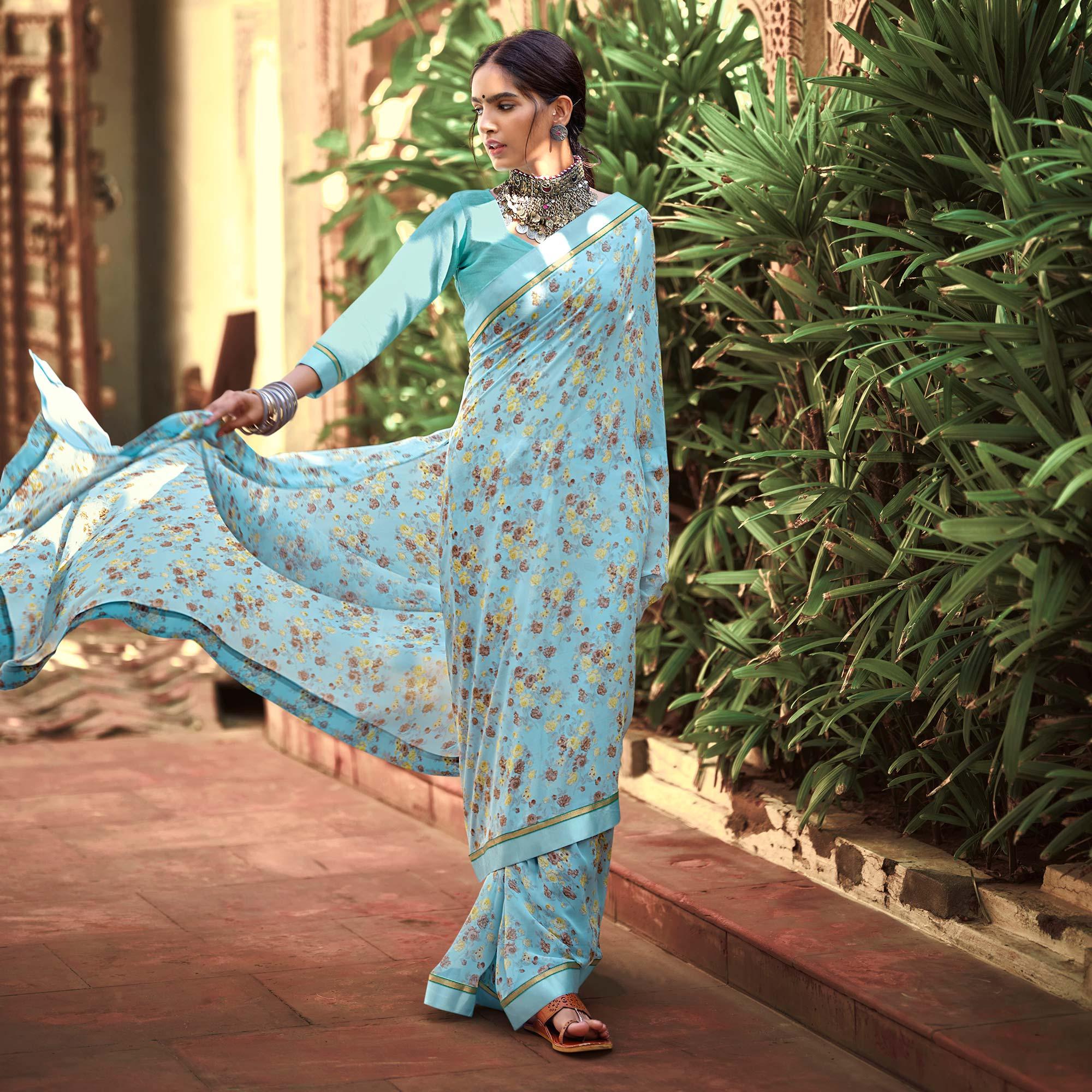Blue Casual Wear Floral Printed Georgette Saree - Peachmode