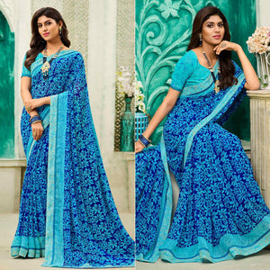 Blue Casual Wear Floral Printed Georgette Saree - Peachmode