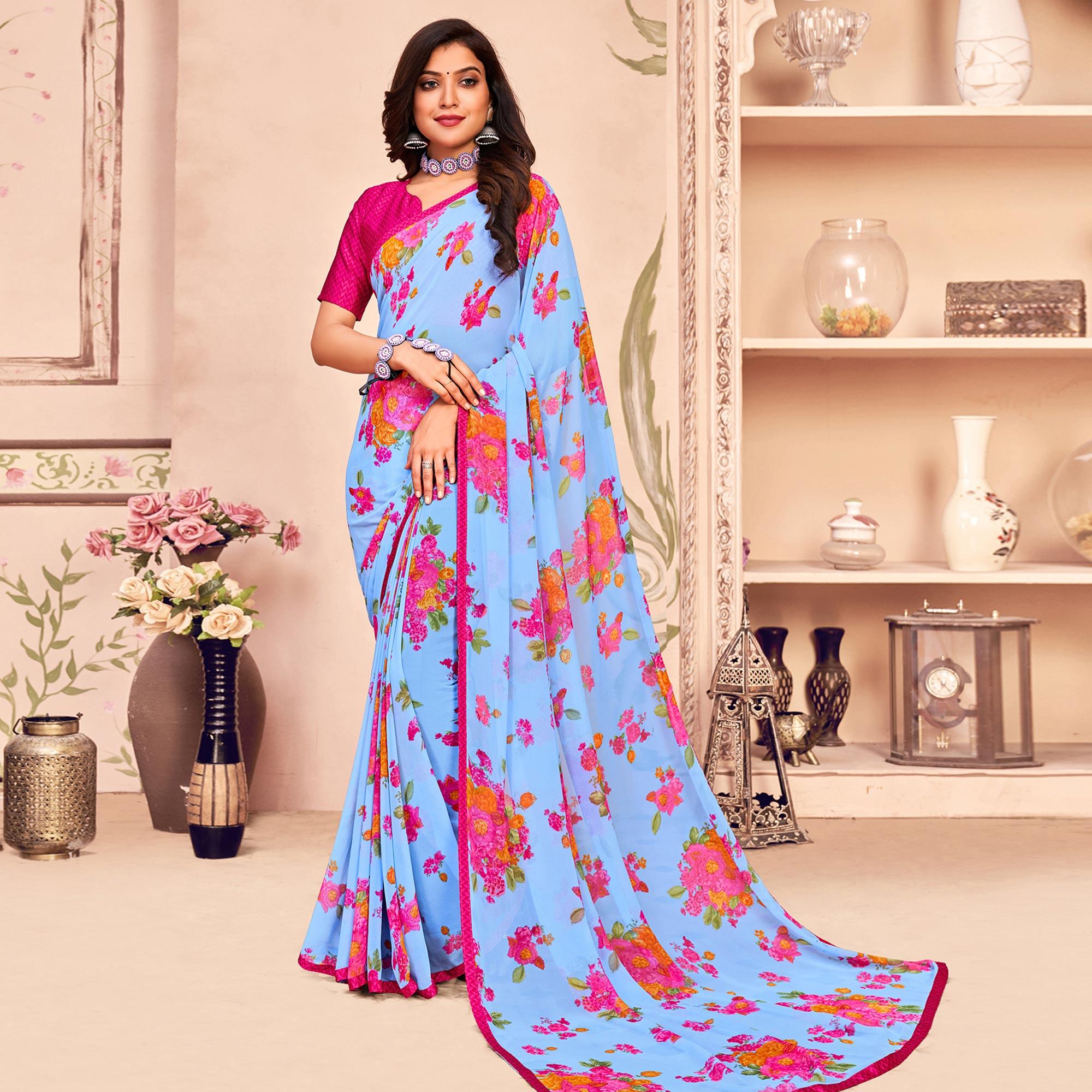 Blue Casual Wear Floral Printed Georgette Saree - Peachmode