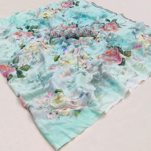 Blue Casual Wear Floral Printed Georgette Saree - Peachmode