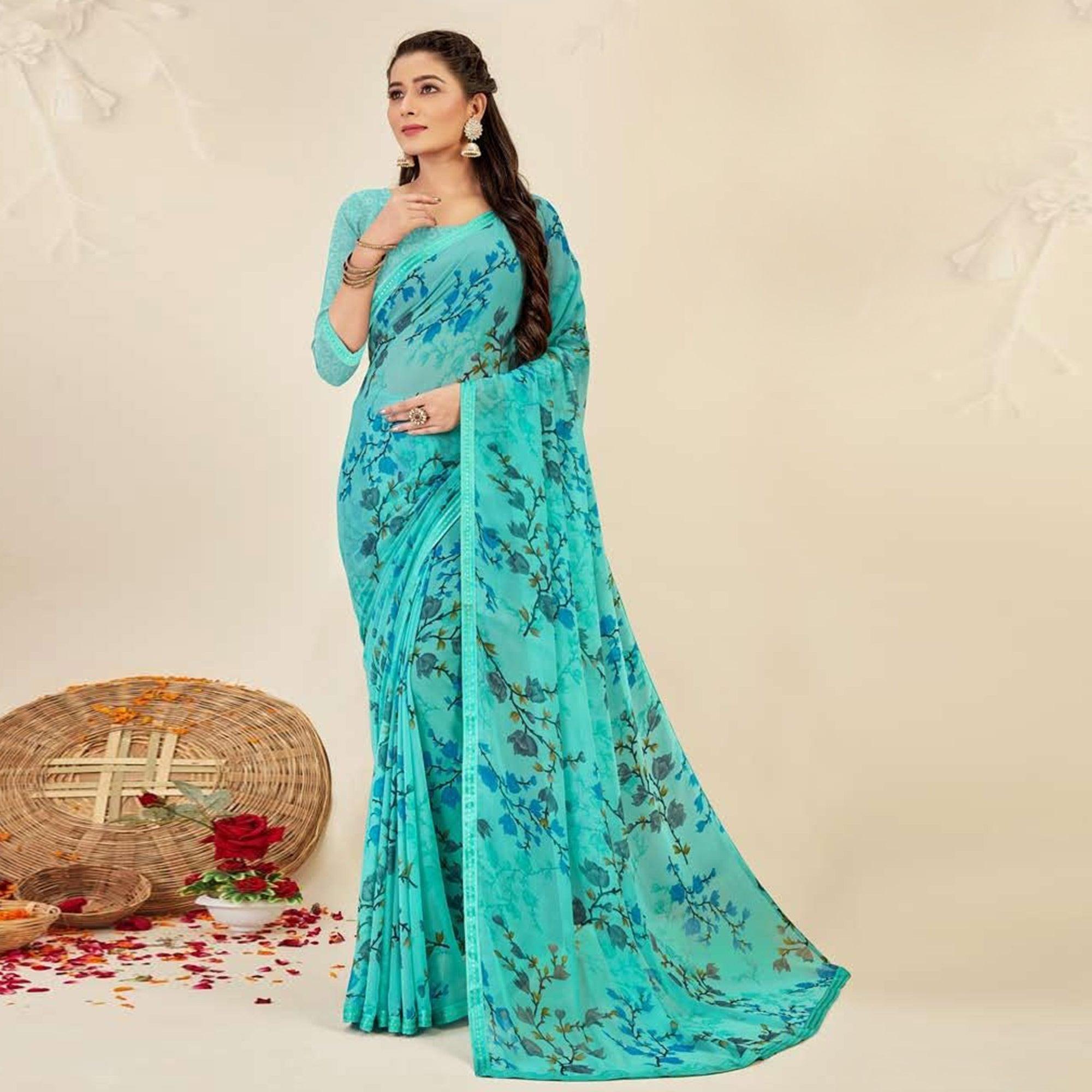 Blue Casual Wear Floral Printed Georgette Saree - Peachmode