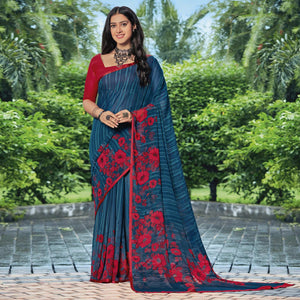 Blue Casual Wear Floral Printed Georgette Saree - Peachmode