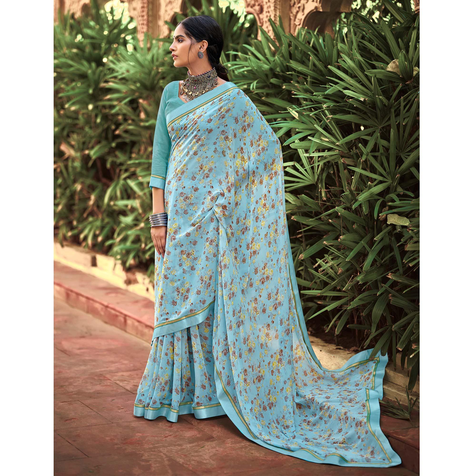 Blue Casual Wear Floral Printed Georgette Saree - Peachmode