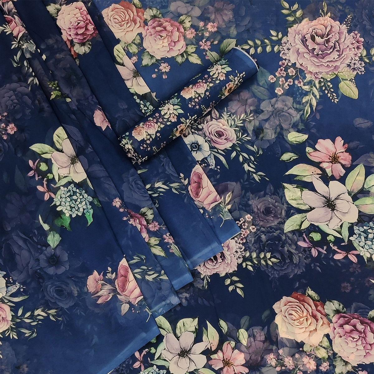 Blue Casual Wear Floral Printed Georgette Saree - Peachmode