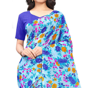 Blue Casual Wear Floral Printed Georgette Saree - Peachmode