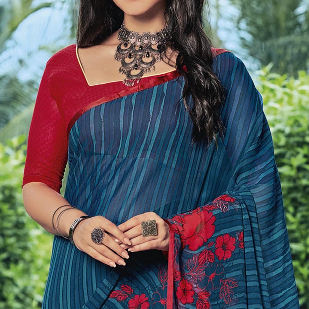 Blue Casual Wear Floral Printed Georgette Saree - Peachmode